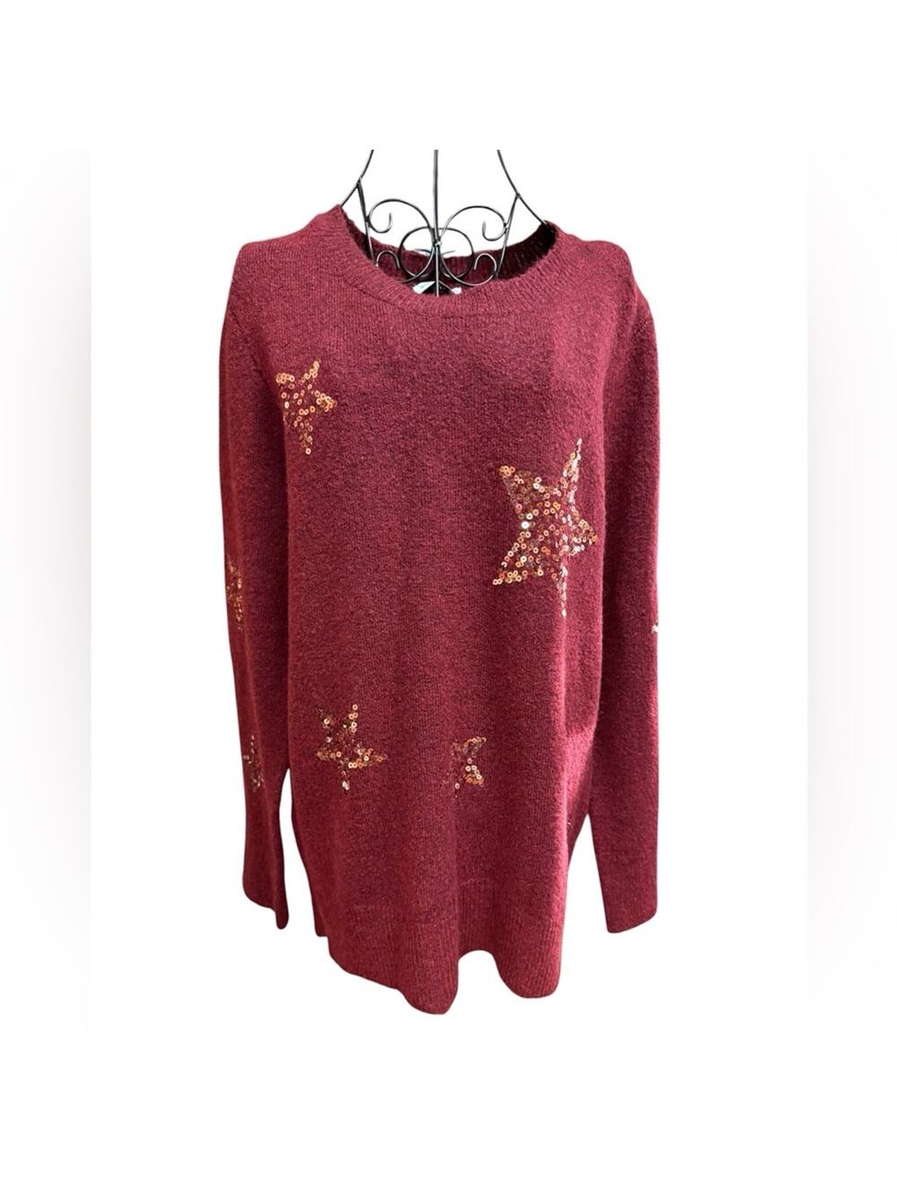 NWT Staccato Sequin Star Embellished Burgundy Sweater XL Holiday